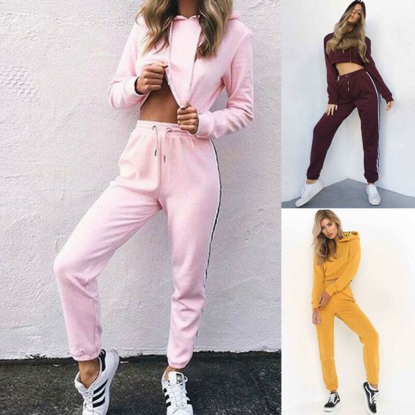 

women set 2pcs solid color long sleeve hoodie sweatshirt + long pants ladies casual sports sweat suit running tracksuit, Gray