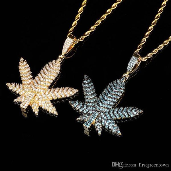 

hip hop micro pave cz stone bling ice out maple cannabiss marijuanas leaf pendants necklace for men rapper jewelry, Silver