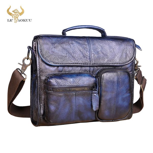 

fashion blue genuine real leather male casual messenger bag satchel design 11" cross-body shoulder school book bag for men 202