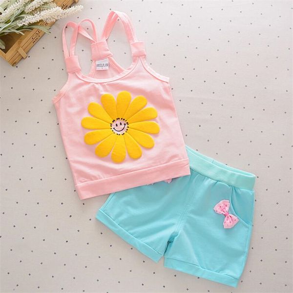 

baby girls sport vest +shorts summer infant girls tshirt sleeveless baby clothes set cute flower bow cat clothing, White