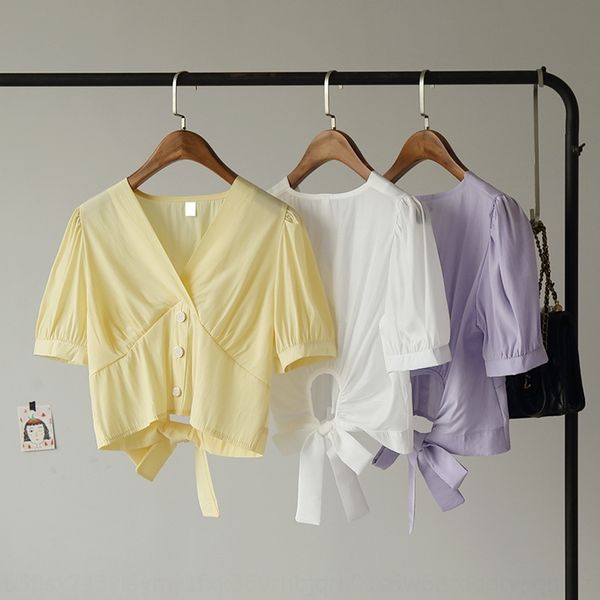 

omale] short v-neck bubble sleeve back strap solid color short sleeve shirt women's shirt 4078, White