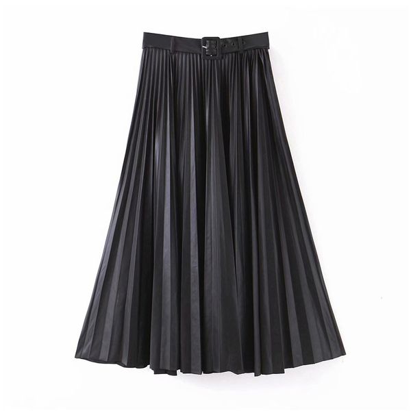 

stylish chic pu leather pleated skirt sashes design side zipper basic female casual stylish mid calf skirts mujer, Black