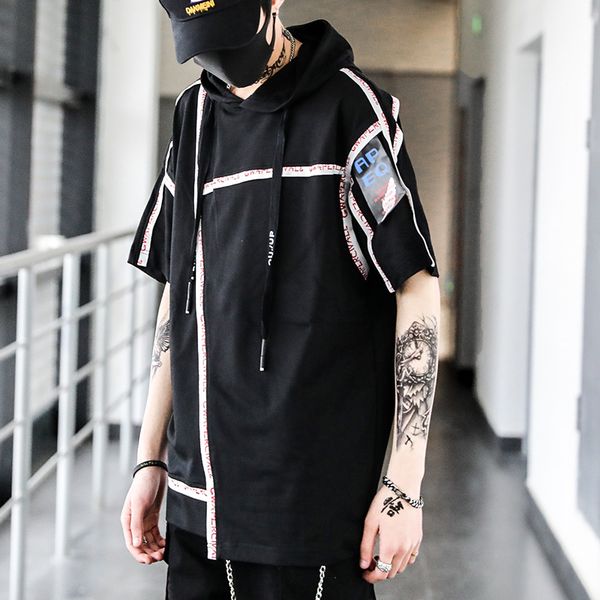 

new summer half sleeve hooded shirt harajuku style hip hop sweatshirt cotton oversize hoodies couple fashion streetwear, Black