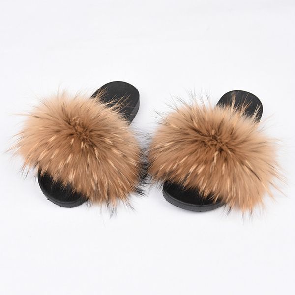 

real raccoon fur slippers fashion soft sandals women's fluffy slides, Black