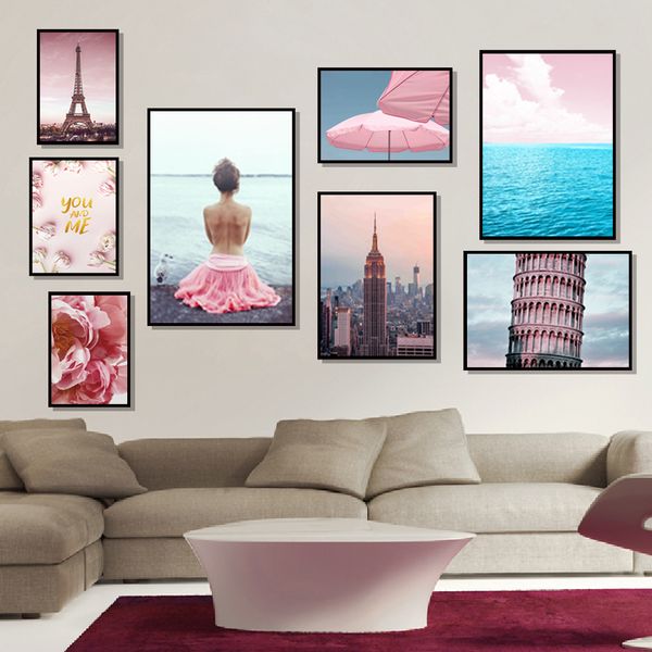 

wall art canvas painting paris new york empire state pink feather girl nordic posters and prints wall pictures for living room