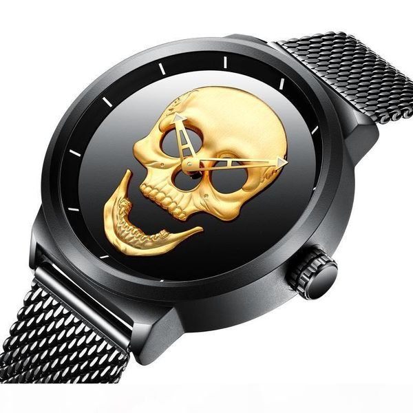 

2017 unique punk 3d skull men watch steel gold black clock waterproof sport male quartz watches 2017 relogio masculino, Slivery;brown