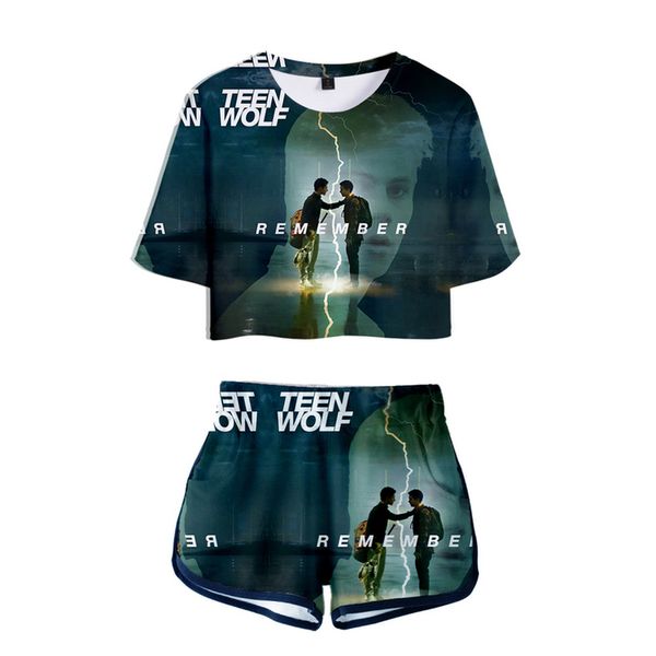 

teen wolf women two piece set fashion summer short sleeve crop shorts kpop 2019 trendy clothes, Gray