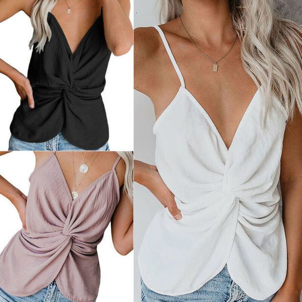 

2020 fashion womens summer beach backless v neck sleeveless solid tank vests crop camisole t shirt blouse tee, White