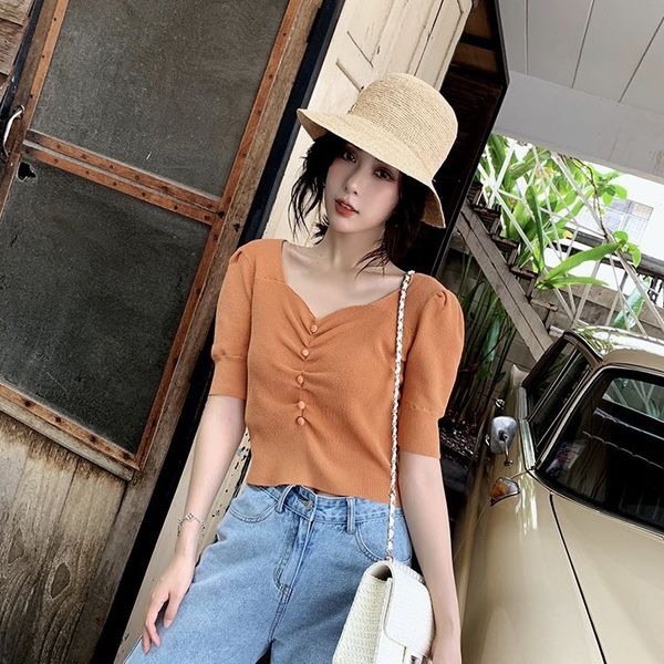 

summer new all-match women's clothing casual wear is a simple natural taste of knitted striped short pullover sleeve pullover, White
