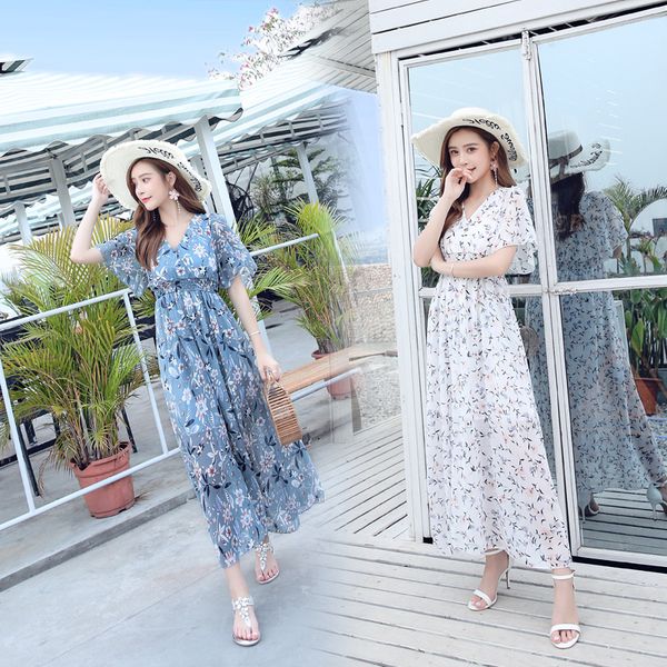 

summer chiffon floral dress bohemian short-sleeved v-neck midi dress casual loose high-waist beach holiday party vestidos, Black;gray