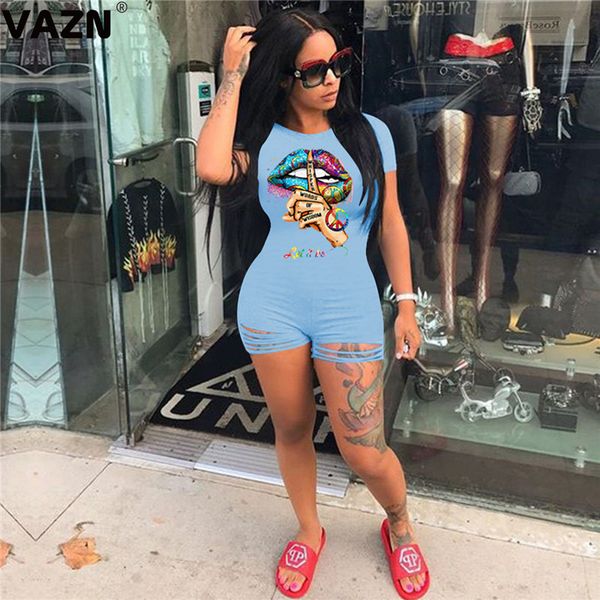 

vazn high street 2020 summer lady 3 colors skinny playsuit short sleeve o-neck print hole playsuit young girl chic, Black;white