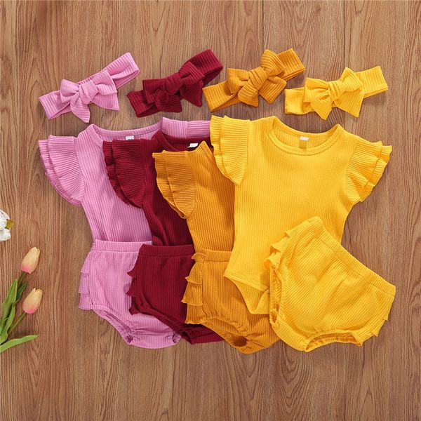 

3pcs newborn baby girls clothes solid romper jumpsuit shorts pants headband infant baby girl knitted outfits set, White