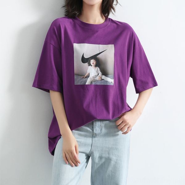 

2020 summer new purple european large women's short-sleeved t-shirt t-shirt cotton loose printed loose mid-length top, White