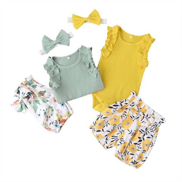 

clothing sets 0-2y toddler baby girls clothes summer yellow romper floral short headband 3pcs outfits set, White