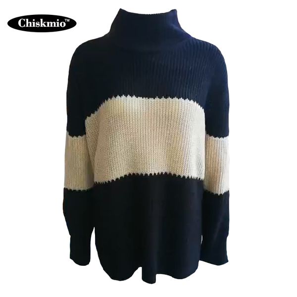 

chiskmio turtleneck sweater women loose long sleeve knitted pullover jumper casual color patchwork sweater women autumn, White;black