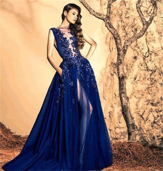 

2020 ziad nakad prom dresses royal blue high side split lace appliqued beaded evening dress a line formal gowns, Black