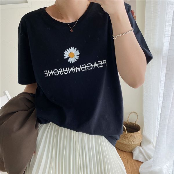 

e-baihui2020 summer korean cotton short-sleeved t-shirt for women in large size chrysanthemum printed dress fashion women's wear, White