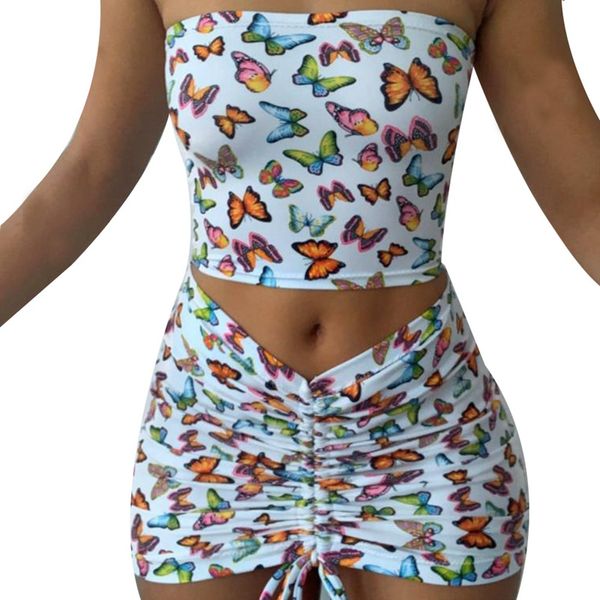 

women wrapped chest tube short skirt two piece set butterfly printed fitness streetwear summer female suit, Gray