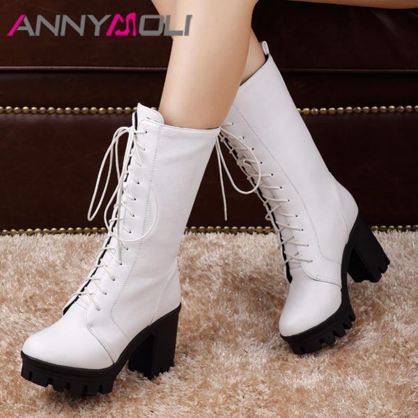 

annymoli woman boots extreme high heel mid calf boots platform square heel shoes lace up female autumn winter white 34-43, Black