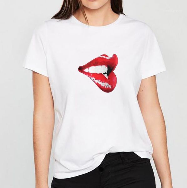 

casual womens red lip tshirts summer woman o-neck short sleeve white tees women loose