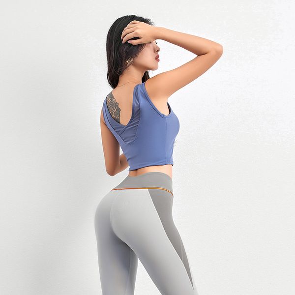 

yoga suit sports vest for women spring bodice with chest padding mesh exercise yoga fitness beauty back short style slim sleevel ct10, White;black