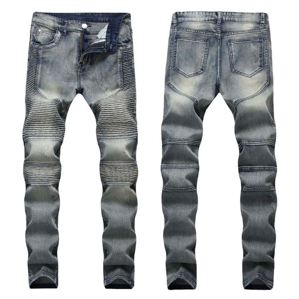 

new ripped printed fashion pleated personality jeans men, slim straight trend motorcycle pants, high street style designer jeans, Blue