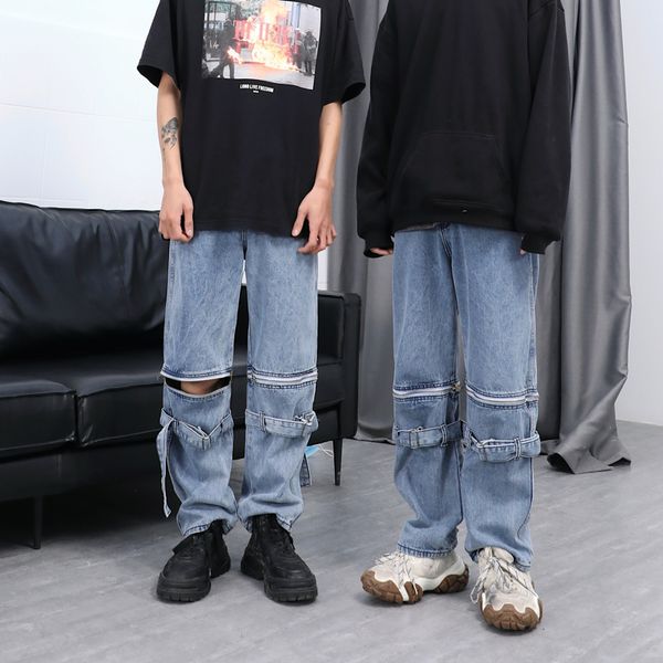 

men's jeans detachable zipped men hip hop denim pants punk rock couple streetwear straight trouesters, Blue