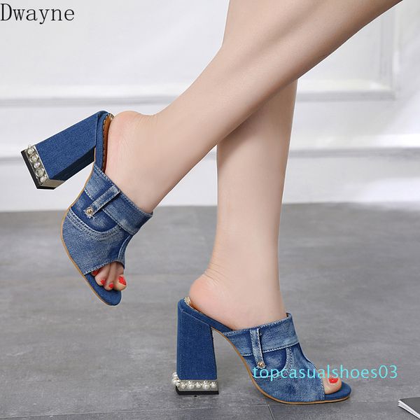 

2020 new personality denim pocket rivets metal pearls with female sandals and slippers women t03, Black