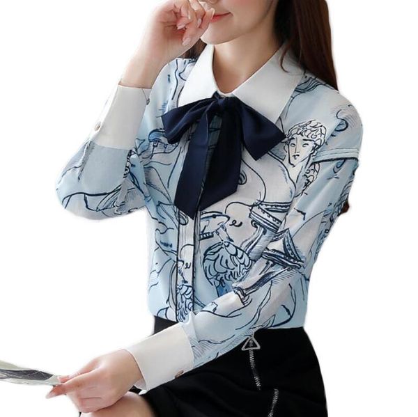 

women blouses long sleeve bow lace-up fashion print chiffon blouse women shirts korean plus size shirt blusas mujer, White