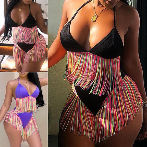 

bikinis women swimwear high waist swimsuit spaghetti strap tassel fringed two piece suits bathing suit plus size swimwear, White;black