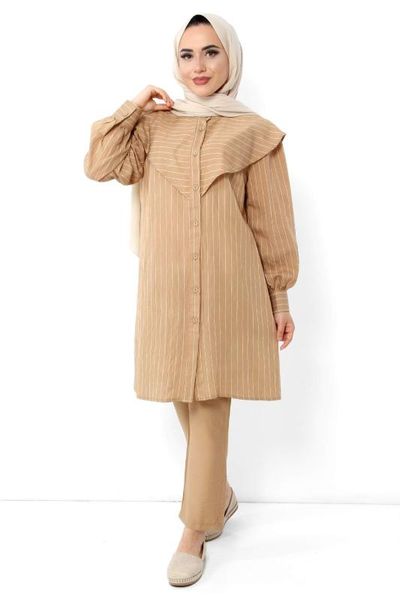 

striped front frilled dual suit tsd6266 camel, White;black