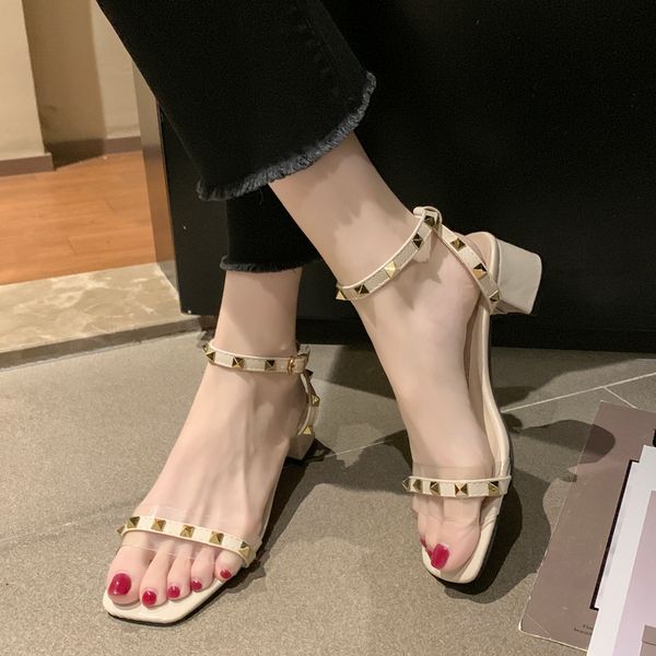 

sandalwoman 2020 summer new fairyland one line buckle belt versatile thick heel mid heel net red high rivet shoes, Black