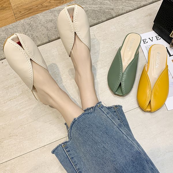 

low flat shoes female mules for women 2020 slippers summer luxury slides shallow cover toe pantofle loafers soft designer new, Black