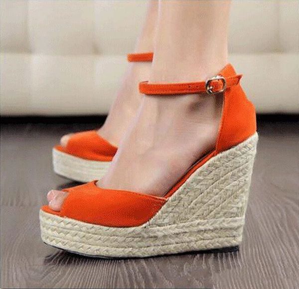 

plus size bohemian women sandals ankle strap straw platform wedges for female shoes flock high heels cover heel sandal, Black