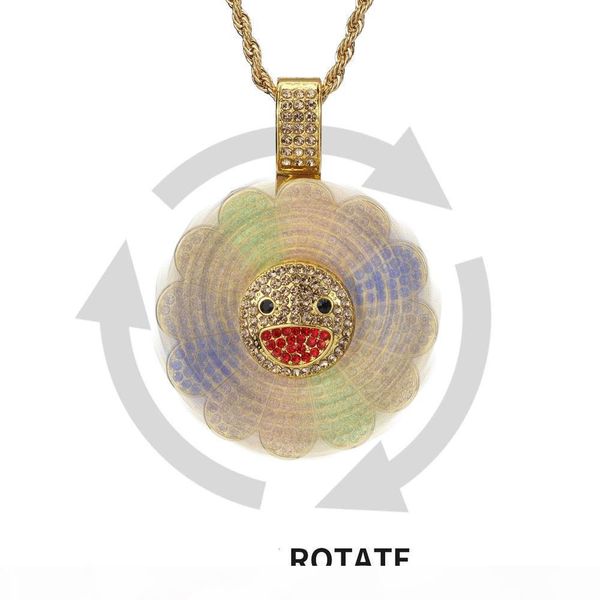 

murakami takashi sun flower pendant shiny cubic zircon multicolor sunflower rotating pendant necklace hip hop iced out bling men jewelry, Silver