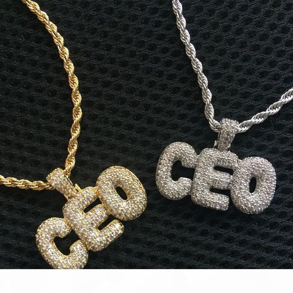 

hip hop custom design jewelry cz micro pave ice out diamond 18k gold alphabet small bubble letter pendant necklace with rope chain, Silver