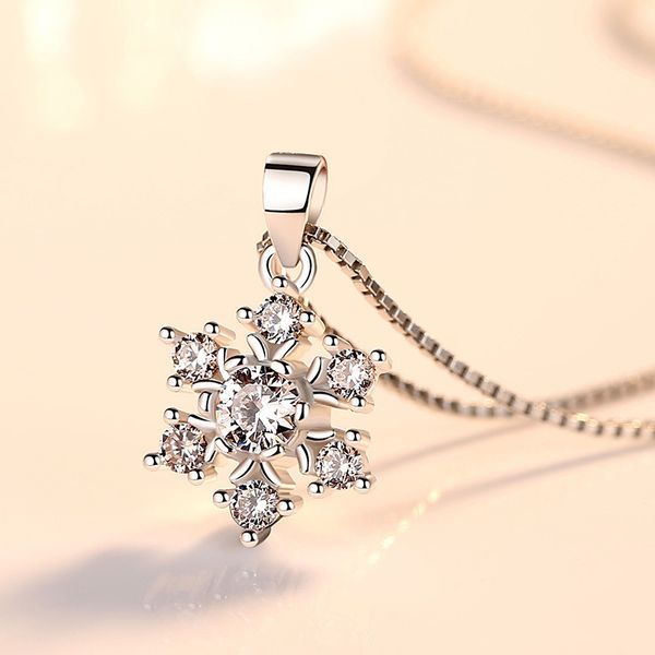 

classic cute necklace women korean style snowflake mosaic cz stone crystal pendant necklace wedding party christmas jewelry gift, Silver