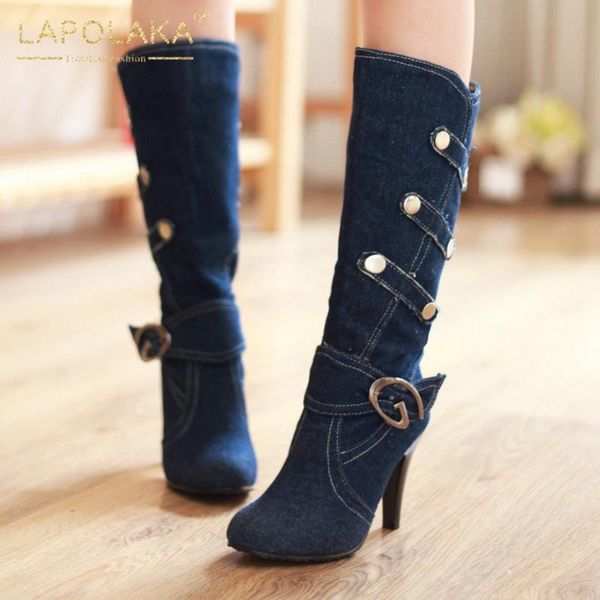 

lapolaka 2020 new fashion plus size 48 thin high heels mid calf boots woman shoes buckle strap concise autumn winter boots women, Black
