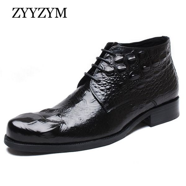 

zyyzym men boots leather autumn vintage style crocodile pattern cowboy high ankle short boots for men, Black