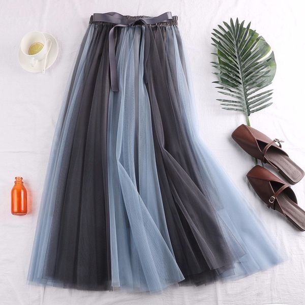 

high waist slim patchwork tulle skirt long pleated a line skirts womens korean style women clothes 2020 new arrival, Black