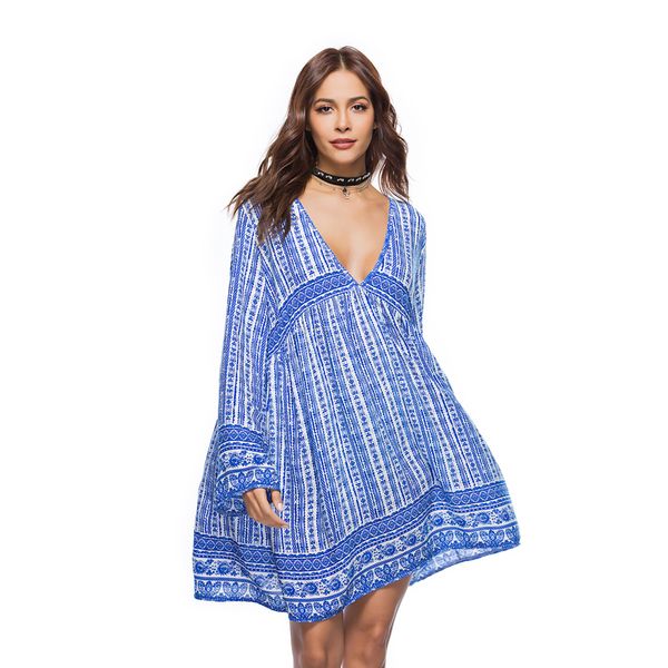 

cotton boho women dress fashion print long sleeve autumn dress deep v-neck party vestidos plus size loose casual robe femme, Black;gray