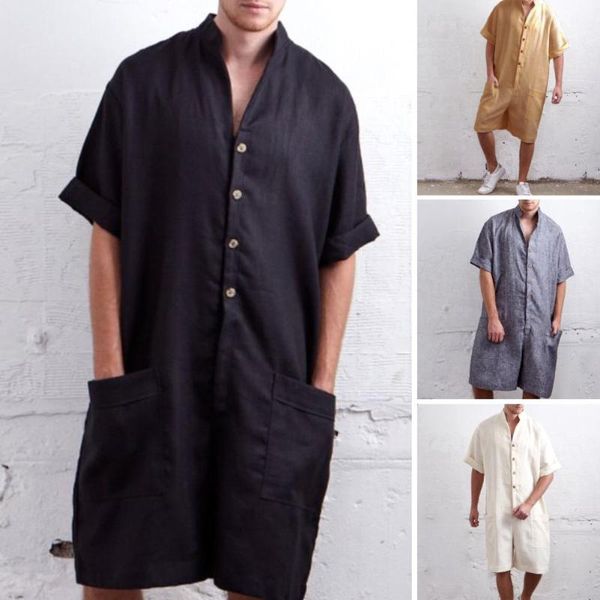 

summer loose men rompers cotton half sleeve button pants vintage casual solid mens clothing cargo overalls jumpsuit trousers new, White;black