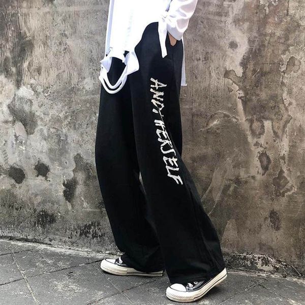 

gothic ins pants men retro korean alphabet printing harajuku high street straight trousers women loose wide leg pants old pant, Black