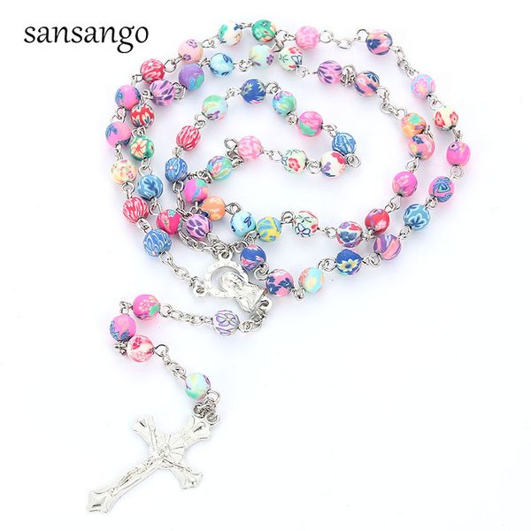 

vintage 8mm polymer clay bead rosary cross pendant necklace virgin mary centrepieces christian catholic religious jewelry gift, Silver