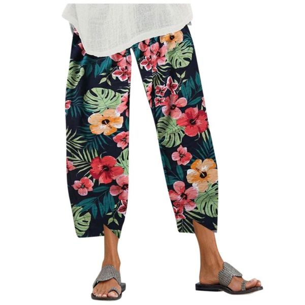 

women casual flower print pant elastic waist pant pocket loose harem pants mujer pantalones trousers wide leg pants sweatpants, Black;white