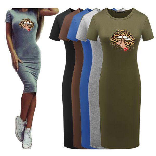 

women summer fashion dress 2020 short sleeve knee-length dress women designer mouth printed bodycon dresses, Black;gray