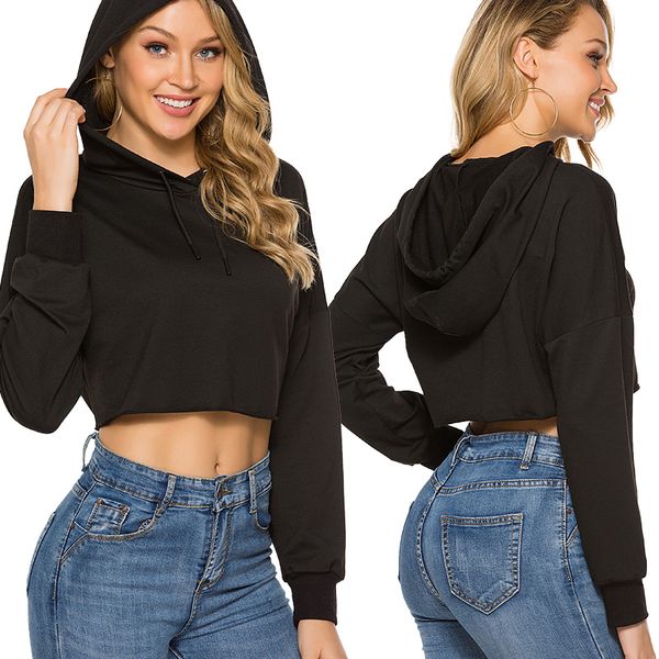

fashion women sweatshirt 2020 hoodies solid crop hoodie long sleeve jumper hooded pullover coat casual sweatshirt top, Black