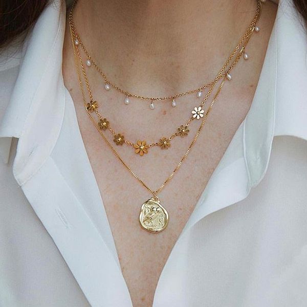 

necklace fashion geometric pendant necklace for women gold flowers wihite pearl stone chain chocker jewelry wholesale 8582, Silver
