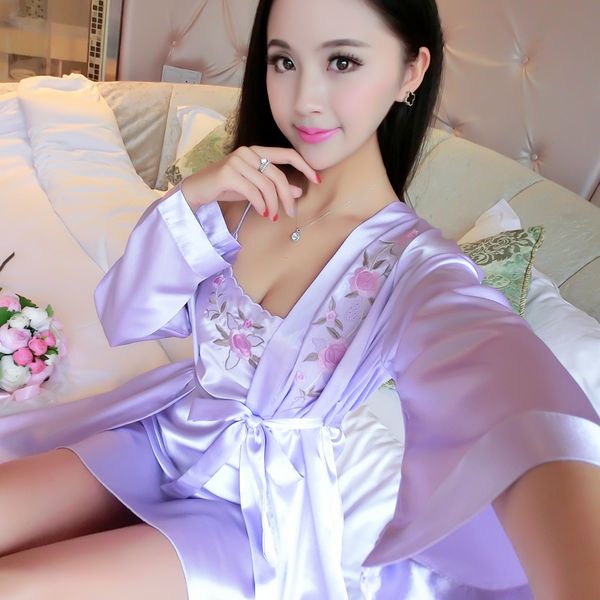 

two pieces sets elegant womens silk satin nightgowns&sleepshirts solid sleepwear mujer robe lady nightdress, Black;red