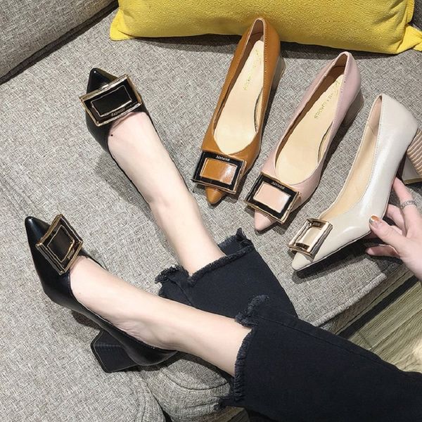 

my-love square heel 5 cm pointed toe pumps shoes women office lady leather med heels work v mouth casual shoes spring autumn, Black